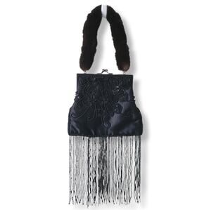 VTG Mitchie's Black Beaded Bag Mink Fur Strap Cocktail Whimsigoth Party Evening